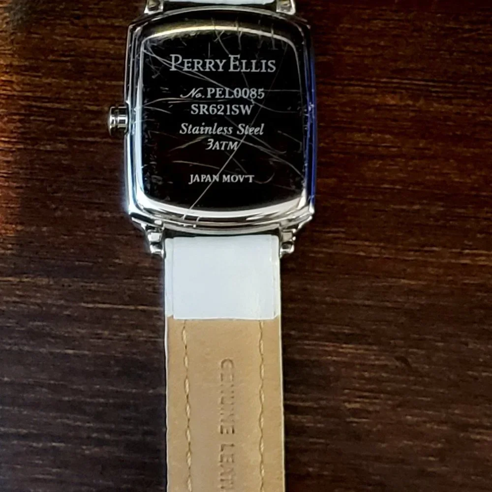 Perry Ellis White Leather Band Silver Rectangle Face Diamond Accent Wrist Watch